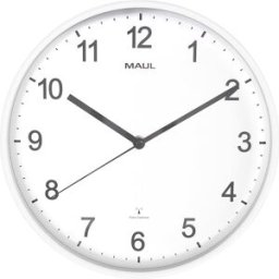 MAUL Relógio de parede sprint , mecanismo de radiofrequência, branco, Relógio de parede sprint, mecanismo de radiofrequência, branco. Algarismos árabes em preto. Altura dos dígitos de 25 mm. Mostrador em branco com unidades de minutos e horas. Eixo e pont