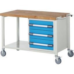 eurokraft pro Bancada de trabalho com rodas Série 8000, estrutura modular , 3 gavetas, prateleira, LxP 1250 x 700 mm, Bancada de trabalho com rodas Série 8000, estrutura modular, 3 gavetas, prateleira, LxP 1250 x 700 mm. Móvel em qualquer momento com 2 ro
