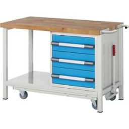 eurokraft pro Bancada de trabalho móvel e rebaixável, estrutura modular série 8000 , 3 gavetas, prateleira, LxP 1250 x 700 mm, Bancada de trabalho móvel e rebaixável, estrutura modular série 8000, 3 gavetas, prateleira, LxP 1250 x 700 mm. Móvel graças a 2
