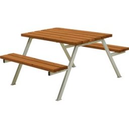 kaiserkraft Conjunto de bancos e mesa, estrutura de aço, galvanizado a fogo, CxP 1180 x 1610 mm, madeira de conífera, cor de teca, sem encosto, Conjunto de bancos e mesa, estrutura de aço, galvanizado a fogo, CxP 1180 x 1610 mm, madeira de conífera, cor d