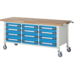 eurokraft pro Bancada de trabalho com rodas Série 8000, estrutura modular , 12 gavetas, LxP 2000 x 700 mm, Bancada de trabalho com rodas Série 8000, estrutura modular, 12 gavetas, LxP 2000 x 700 mm. Móvel e estável graças às rodas orientáveis e fixas. Arm