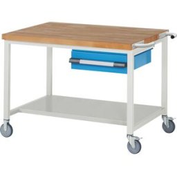 eurokraft pro Bancada de trabalho com rodas Série 8000, estrutura modular , 1 gaveta suspensa, prateleira, LxP 1250 x 900 mm, Bancada de trabalho com rodas Série 8000, estrutura modular, 1 gaveta suspensa, prateleira, LxP 1250 x 900 mm. Móvel em qualquer