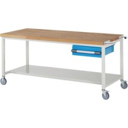 eurokraft pro Bancada de trabalho com rodas Série 8000, estrutura modular , 1 gaveta suspensa, prateleira, LxP 2000 x 900 mm, Bancada de trabalho com rodas Série 8000, estrutura modular, 1 gaveta suspensa, prateleira, LxP 2000 x 900 mm. Móvel em qualquer