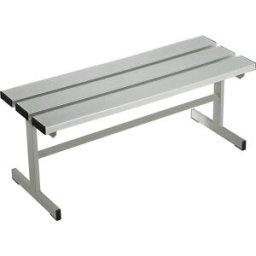 Wolf Banco de vestiário, de um lado , ripas em PVC, pé em T, cinzento claro, comprimento 1000 mm, Banco de vestiário, de um lado, ripas em PVC, pé em T, cinzento claro, comprimento 1000 mm. Tubo quadrado em aço 40 x 20 x 2 mm. Capas finais pretas aparafus