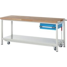 eurokraft pro Bancada de trabalho móvel e rebaixável, estrutura modular série 8000 , 1 gaveta suspensa, prateleira, LxP 2000 x 700 mm, Bancada de trabalho móvel e rebaixável, estrutura modular série 8000, 1 gaveta suspensa, prateleira, LxP 2000 x 700 mm.