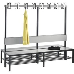 C+P Banco de vestiário COMFORT, com dois lados , HPL, encosto e barra de ganchos, comprimento 1960 mm, cinzento prateado, grade para sapatos, Banco de vestiário COMFORT, com dois lados, HPL, encosto e barra de ganchos, comprimento 1960 mm, cinzento pratea
