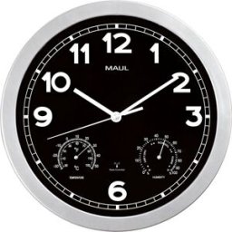 MAUL Relógio de parede drive, Ø 300 mm , em plástico, armação prateada, mecanismo de radiofrequência, Relógio de parede drive, Ø 300 mm, em plástico, armação prateada, mecanismo de radiofrequência. Modelo elegante com termómetro e higrómetro. Boa legibili