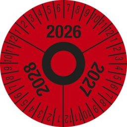 kaiserkraft Placa de teste, números plurianuais, vermelho, película, Ø 40 mm, embalagem de 10 unid., 2026 – 2028, Placa de teste, números plurianuais, vermelho, película, Ø 40 mm, embalagem de 10 unid., 2026 - 2028. Película resistente, espessura 0,1 mm.