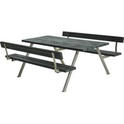 kaiserkraft Conjunto de bancos e mesa, estrutura de aço, galvanizado a fogo, CxP 1770 x 1850 mm, plástico, preto, com encosto, Conjunto de bancos e mesa, estrutura de aço, galvanizado a fogo, CxP 1770 x 1850 mm, plástico, preto, com encosto. Mesa e bancos