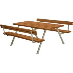 kaiserkraft Conjunto de bancos e mesa, estrutura de aço, galvanizado a fogo, CxP 1770 x 1850 mm, madeira de conífera, cor de teca, com encosto, Conjunto de bancos e mesa, estrutura de aço, galvanizado a fogo, CxP 1770 x 1850 mm, madeira de conífera, cor d