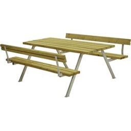 kaiserkraft Conjunto de bancos e mesa, estrutura de aço, galvanizado a fogo, CxP 1770 x 1850 mm, madeira de conífera, natural, com encosto, Conjunto de bancos e mesa, estrutura de aço, galvanizado a fogo, CxP 1770 x 1850 mm, madeira de conífera, natural,