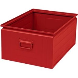 kaiserkraft Caixa empilhável em chapa de aço, volume aprox. 80 l, vermelho fogo RAL 3000, Caixa empilhável em chapa de aço, volume aprox. 80 l, vermelho fogo RAL 3000. Extremamente robustas e estáveis graças aos rebordos reforçados e esquinas soldadas. A