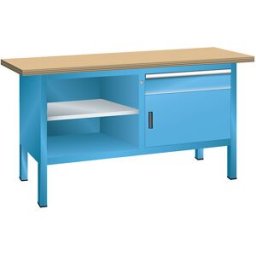 LISTA Bancada de trabalho com placa multiplex, estrutura modular , 1 gaveta, 1 porta, 3 prateleiras, corpo em azul claro, frente em azul claro, Bancada de trabalho com placa multiplex, estrutura modular, 1 gaveta, 1 porta, 3 prateleiras, corpo em azul cla