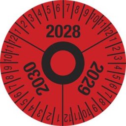 kaiserkraft Placa de teste, números plurianuais, vermelho, película, Ø 40 mm, embalagem de 10 unid., 2028 – 2030, Placa de teste, números plurianuais, vermelho, película, Ø 40 mm, embalagem de 10 unid., 2028 - 2030. Película resistente, espessura 0,1 mm.