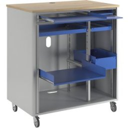 RAU Posto de trabalho com computador , AxLxP 1100 x 1030 x 660 mm, móvel, cinzento claro/azul genciana, Posto de trabalho com computador, AxLxP 1100 x 1030 x 660 mm, móvel, cinzento claro/azul genciana. Placa decorativa em faia com passagem para cabos. In