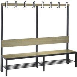 C+P Banco de vestiário COMFORT, com um lado , HPL, encosto e barra de ganchos, comprimento 1960 mm, imitação de carvalho, grade para sapatos, Banco de vestiário COMFORT, com um lado, HPL, encosto e barra de ganchos, comprimento 1960 mm, imitação de carval