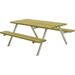 kaiserkraft Conjunto de bancos e mesa, estrutura de aço, galvanizado a fogo, CxP 1770 x 1610 mm, madeira de conífera, natural, sem encosto, Conjunto de bancos e mesa, estrutura de aço, galvanizado a fogo, CxP 1770 x 1610 mm, madeira de conífera, natural,
