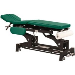 Marquesa elétrica Ecopostural multifuncional: três corpos com estrutura de biela preta, braços abatibles e cabeça T05 (50 x 198 cm)