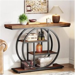 Tribesigns Mesa consola industrial de 41,5" com 4 níveis e base circular, mesas laterais estreitas de madeira com prateleiras de arrumação para sala de estar, corredor, hall de entrada, castanho rústico