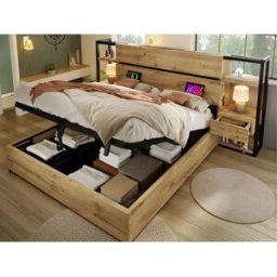 ModernLuxe Cama baú para adultos 180x200cm em madeira - com porta de carregamento USB e Tipo-C - com 2 gavetas - com estrado de ripas - Natural