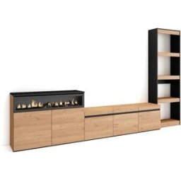 Skraut Home Conjunto de móveis TV, 310x35x186cm, Para televisores até 65", Lareira eléctrica, Carvahlo e preto