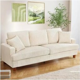DripeX Sofá de 3 de sete em veludo bege, sofá reto grande, assentos extras profundos de 53 cm, com 2 travesseiros - 220x76x84cm