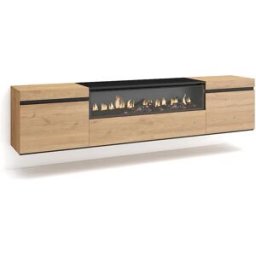 Skraut Home Móvel de TV, 200x35x45cm, Para televisores até 80", Lareira eléctrica, Suspensos, Carvahlo e preto