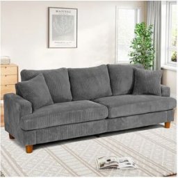 DripeX Sofá de veludo com nervuras com telhas de 3, grande sofá reto moderno acolchoado com assentos extras profundos de 53 cm - 2 almofadas - 220x76x84cm - cinza cinza