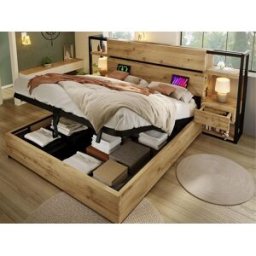 ModernLuxe Cama baú para adultos 160x200cm em madeira - com porta de carregamento USB e Tipo-C - com 2 gavetas - com estrado de ripas - Natural