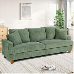 DripeX Sofá de veludo com nervuras com telhas de 3, grande sofá reto e acolchoado moderno com assentos extras profundos de 53cm - 2 almofadas - 220x76x84cm - verde