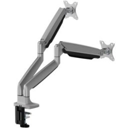 EWENT Suporte para Dois Monitores para monitores padrão e ultra-largos de até 35" de tamanho e 15 kg de peso. O suporte VESA de liberação rápida possui compatibilidade com os padrões de montagem de 75x75 mm e 100x100 mm, e o suporte fixa-se a mesas com at