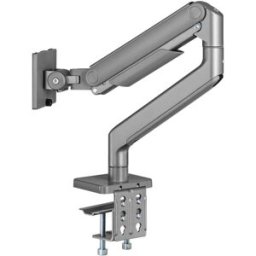 EWENT Braço de Monitor Único para monitores padrão/ultra-wide de até 49" de tamanho e 20Kg de peso. O suporte VESA de liberação rápida oferece compatibilidade de montagem de 75x75mm e 100x100mm, e o suporte é fixado em mesas de até 80mm de espessura co -