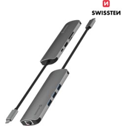 Adaptador HUB USB-C 8 em 1 Swissten (USB-C 100W, HDMI 4K, 3x USB 3.0, RJ45, SD, Micro)