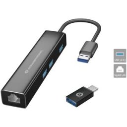 Placa de Rede Externa GIGABIT USB A Macho (Adaptador USB-C) com HUB 3x USB 3.0 - CONCEPTRONIC