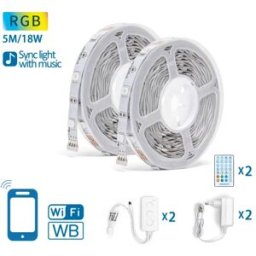 AIGOSTAR Pack 2x Fitas LEDs Smart RGB Wi-Fi (5 mts) + 2x Controladores + 2 x Fontes Alimentação