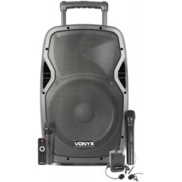 Coluna Amp. Portátil 15" 800W MP3/USB/SD/BLUETOOTH c/ 3x Microfones UHF (AP1500PA) - VONYX