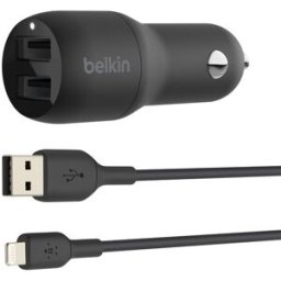 Carregador de Isqueiro 2x USB-A 24W c/ Cabo USB-A Macho - Cabo Lightning Macho (Preto) - BELKIN
