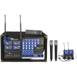 Central 4 Microfones s/ Fios UHF (2 Cabeça + 2 Mão) 2x 200W c/ Leitor DVD/CD/USB (PA-180) - AZUSA