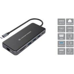 Placa de Rede Externa GIGABIT USB-C Macho c/ HUB USB + 2x HDMI + VGA + Leitor Cartões - CONCEPTRONIC