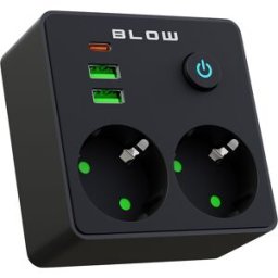 Tomada Dupla c/ 2 Portas USB + Porta USB-C + Interruptor (Preto) - BLOW