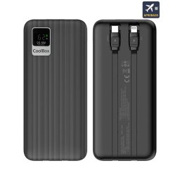Power Bank CoolBox 20000mAh 20W PD + QC 3.0 | Cabos USB-C e Lightning Integrados – Preto
