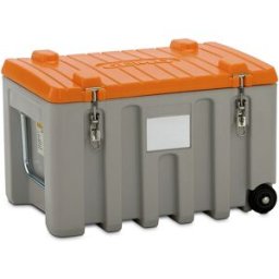 CEMO Caixa universal em polietileno , capacidade 150 l, trolley, cinzento / laranja, Caixa universal em polietileno, capacidade 150 l, trolley, cinzento / laranja. Dimensões ótimas para carrinhos de plataforma. Empilhável, com pinos de fixação. Pegas e bo