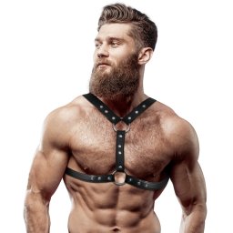 FETISH SUBMISSIVE ATTITUDE - ARNÊS DE PEITO DE COURO ECOLÓGICO COM SUPORTE DUPLO E TACHAS PARA HOMENS