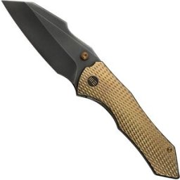 WE Knife High-Fin XL WE24010-3 Gray CPM 20CV, Diamond Patterned Golden Polished Titanium, navalha