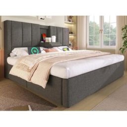 ModernLuxe Cama estofada com armazenamento 160x200cm - com porta-copos oculto - com portas USB e Tipo-C - com somier de ripas - Linho - Cinza (sem colchão)