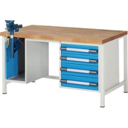 eurokraft pro Bancada de trabalho, estrutura modular série 8000 , 4 gavetas: 2 x 120, 2 x 150 mm, 1 torno de bancada (elevador rebatível), LxP 1500 x 900 mm, Bancada de trabalho, estrutura modular série 8000, 4 gavetas: 2 x 120, 2 x 150 mm, 1 torno de ban