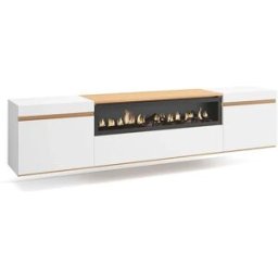 Skraut Home Móvel de TV, 200x35x45cm, Para televisores até 80", Lareira eléctrica, Suspensos, Branco e Carvalho soft