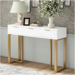 Merax Mesa de console moderna com 3 gavetas - 120 x 36 x 80 cm - MDF - para sala, corredor - branco + dourado