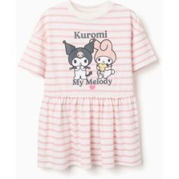 Vestido de algodão às riscas com estampado Kuromi para menina, branco/rosa Rosa 3-4 Years