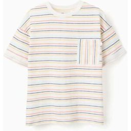 ZIPPY T-shirt de algodão às riscas com bolso para menino, multicolor Beige 9-10 Years